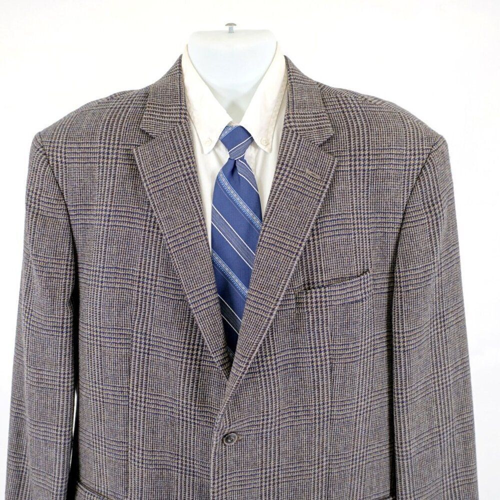 Jos A Bank 1905 Soft Tweed Wool Glen Plaid 44R / Slim 46R Gray Tan Brown Blue